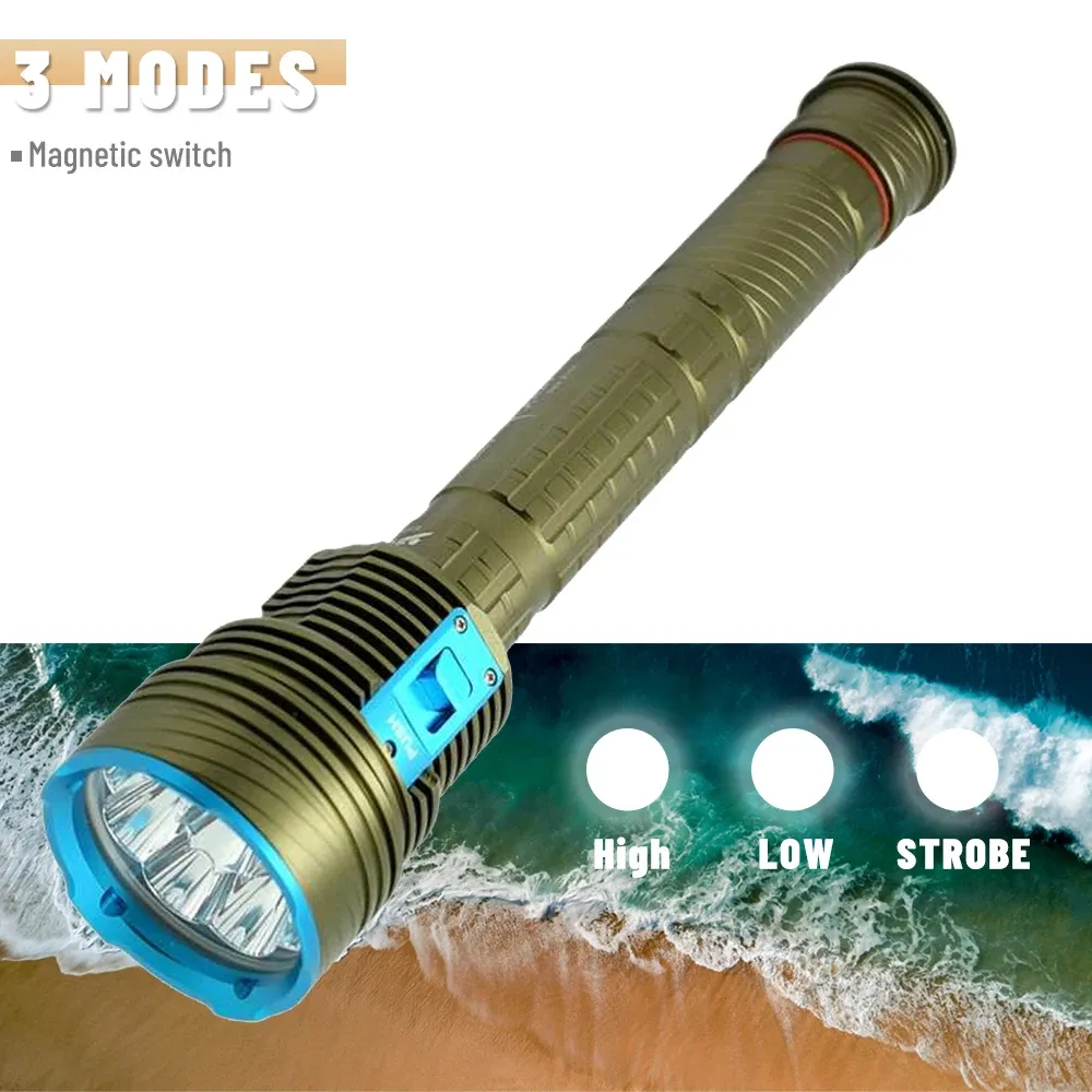 ASAFEE DX9 100m Flashlight di immersione profonda XM-L2/T6 LED da 8000LM Interruttore magnetico IPX8 Torcia immersione impermeabile Torcia gialla/bianca Modalità 3