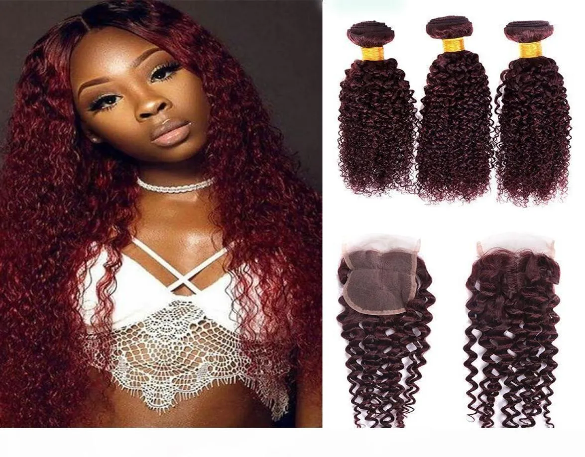 Pacotes de cabelo humano brasileiros com fechamento de renda 3 pacotes 99J Borgondy Kinky Curly Wave com cabelos brasileiros de fechamento com 4x4 Lace C1957525