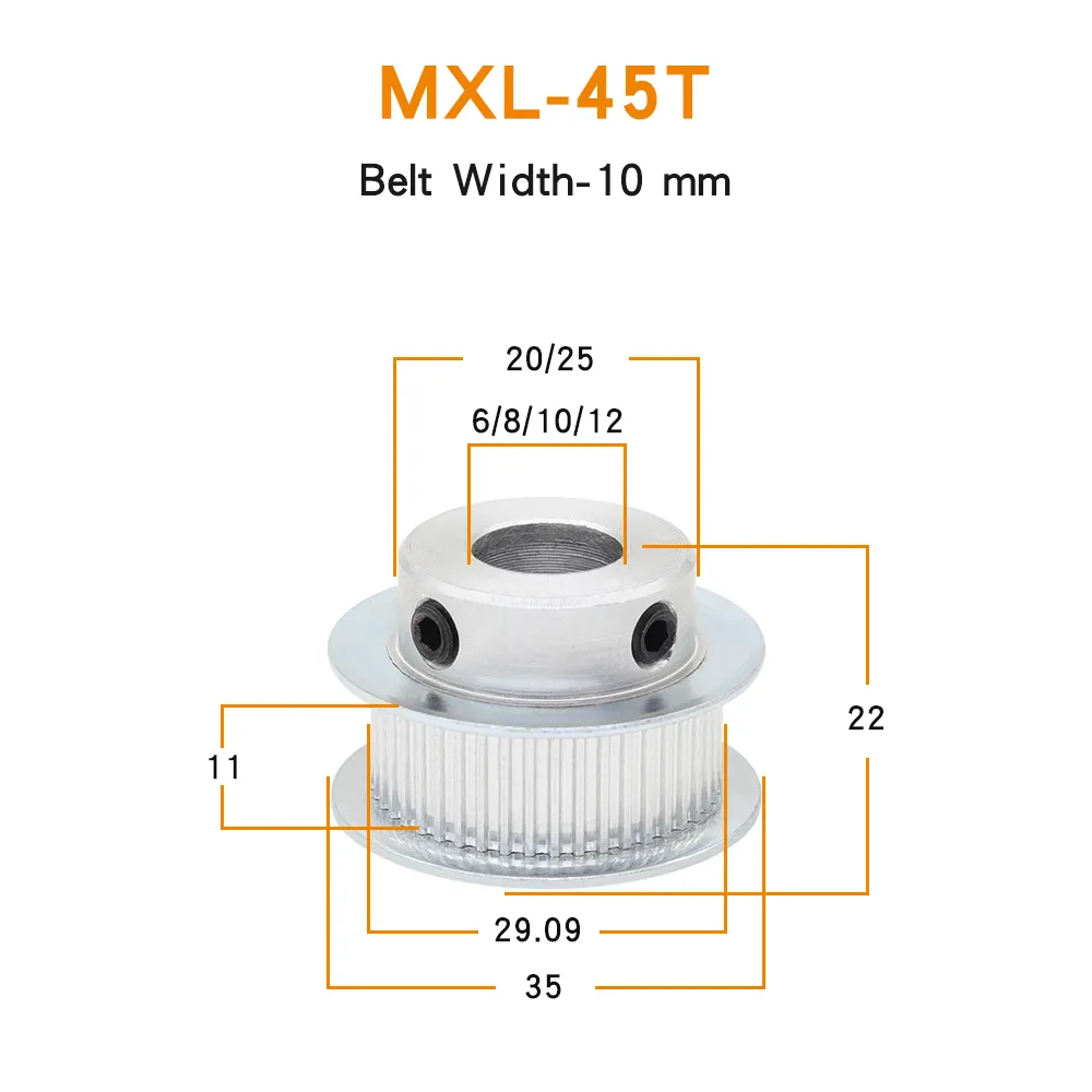 MXL-45T TIMING remskiva borrstorlek 6/8/10/12 mm legeringsbälte remskivtänder ytterdiameter 29,09 mm för bredd 10 mm MXL kuggrem