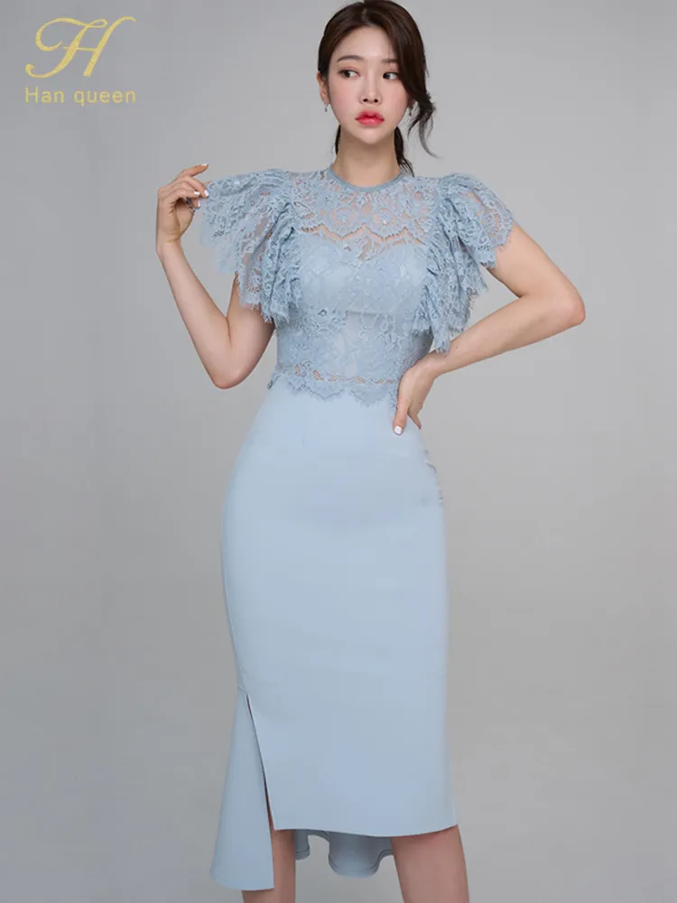 H Han Queen New Set Women Hollow Out Lace Top + Irregular Pencil Skirts ...