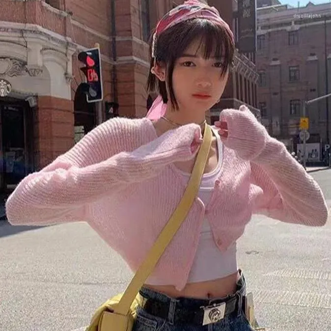 Women's Knits Korean Fashion Kawaii Indie Shirt Women Grunge Harajuku Long Sleeve Tops Aesthetic Pink Cardigans Style Fall Clothes