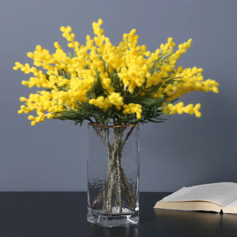 38 cm konstgjorda blommor falska akacia gul mimosa plysch pudica spray körsbär silkesblomma bröllop heminredning röd bönor växt