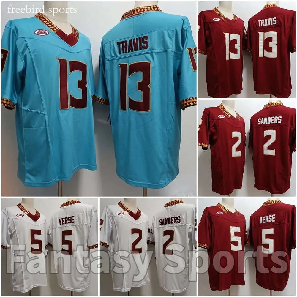 Verse College Jersey 5 Deion Sanders 13 Travis Red Blue blanc Ed Football Shirts Jerseys Mens S