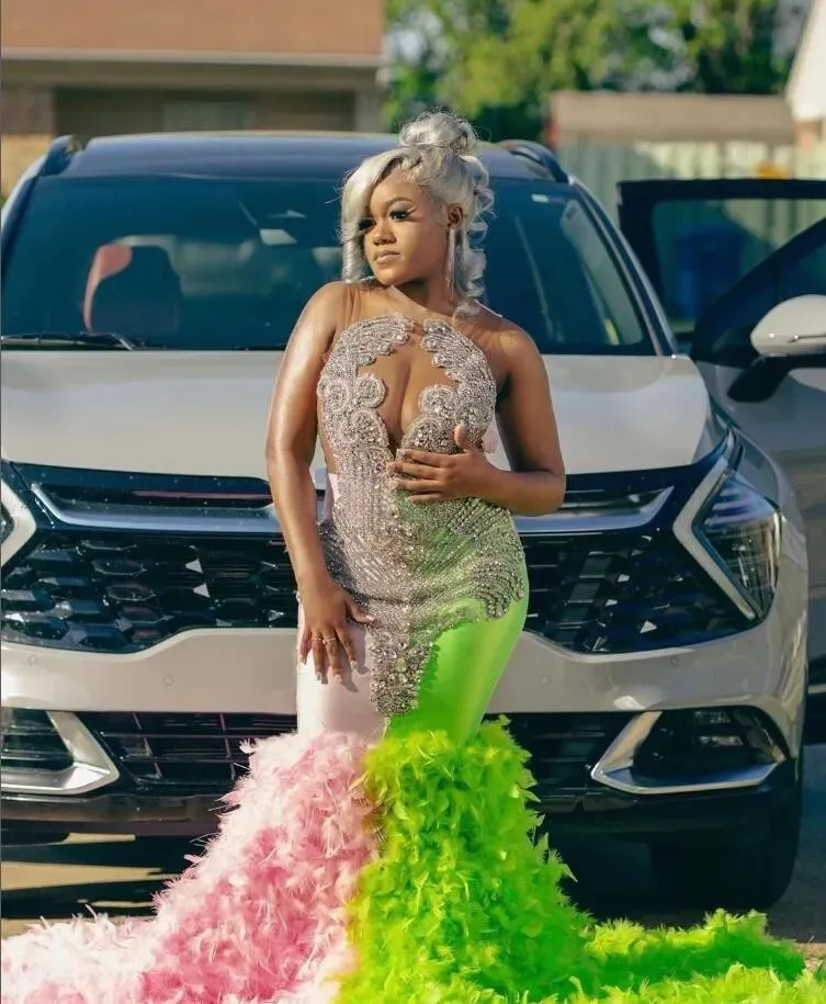 Sparkling Diamond Feather Evening Gown for Black Girls - Pink and Green Long sparkly mermaid prom dress