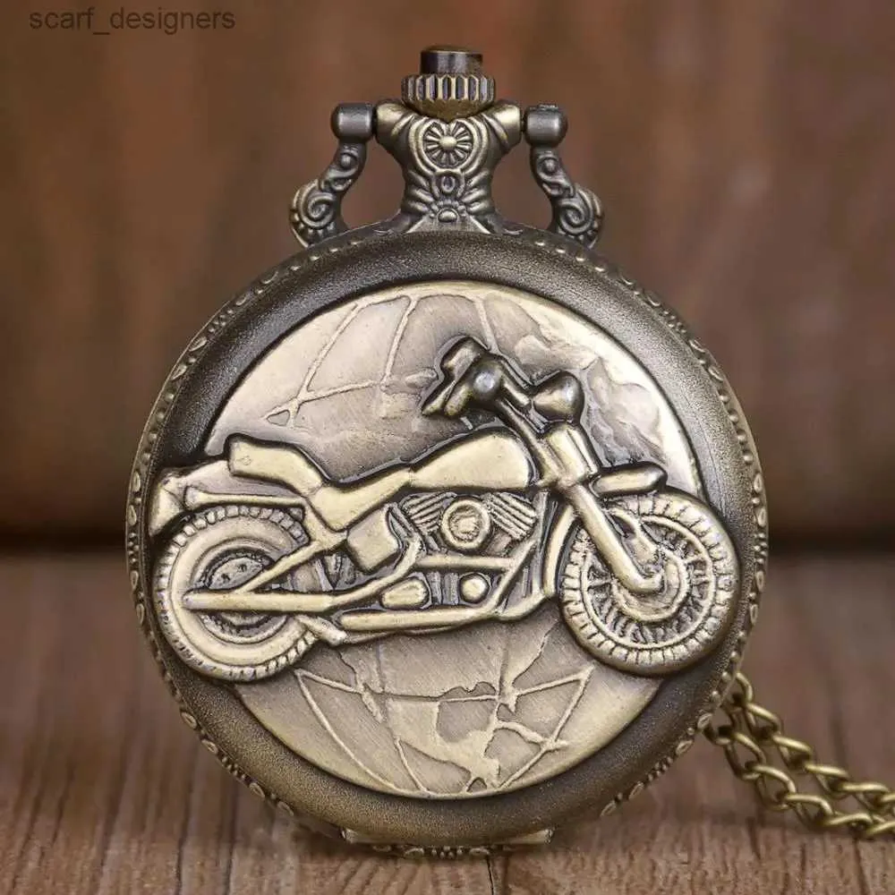 Pocket horloges Steampunk Motorcycle Display Bronze Quartz Pocket Es Retro Fob Chain For Men Women Y240410