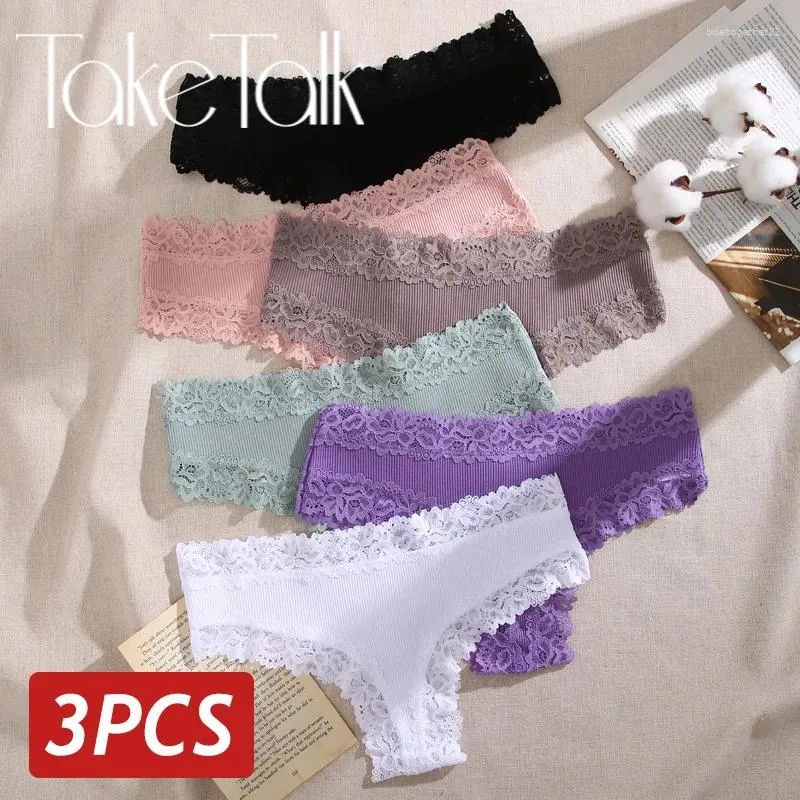 Women's Panties 3PCS Sexy Lace Women Cotton Underwear Low Rise Solid Color Brazilian High Elastic Breathable Underpants Lingerie