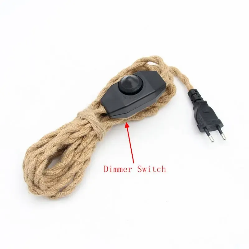 220V AC Euro Plug Power Cord Vintage Hemp Jute Rope Braided Covered With On/off Switch 2 Meters Long For Wall Lamp Cords Cable