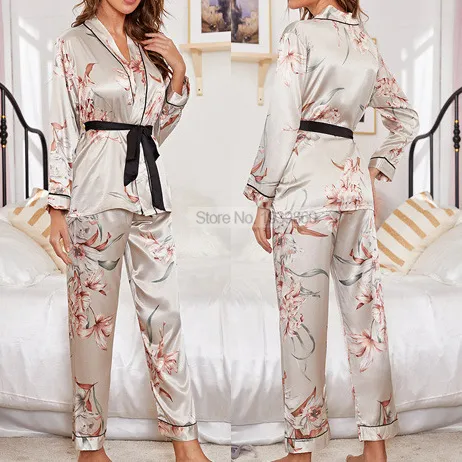 Satin 2 stycken Sovkläder med byxor Skriv ut Flower Nightwear V-Neck Pyjamas Pour Femme Casual Sleep Topsspants Suit Loungewear