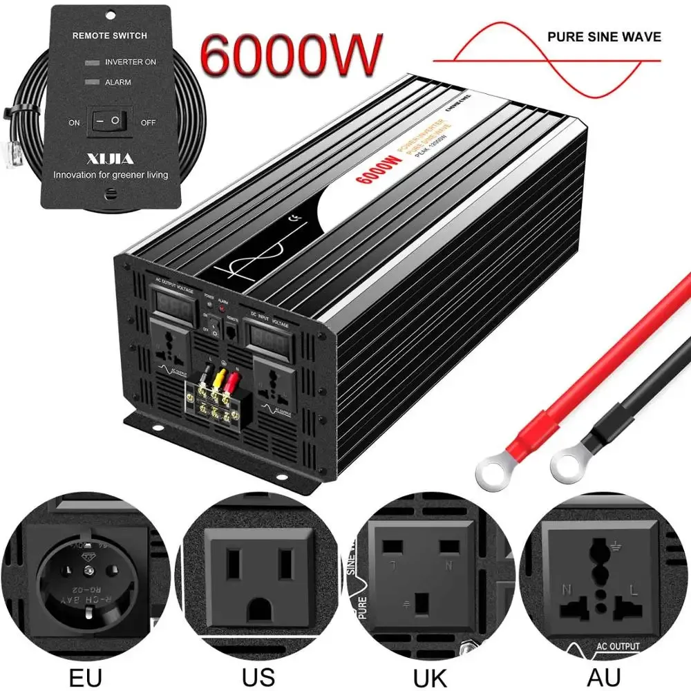 Invertisseur d'onde sinusoïdale 6000W Pure 12V 110V avec onduleur d'énergie solaire à distance DC 24V 48V à AC 220V Affichage numérique