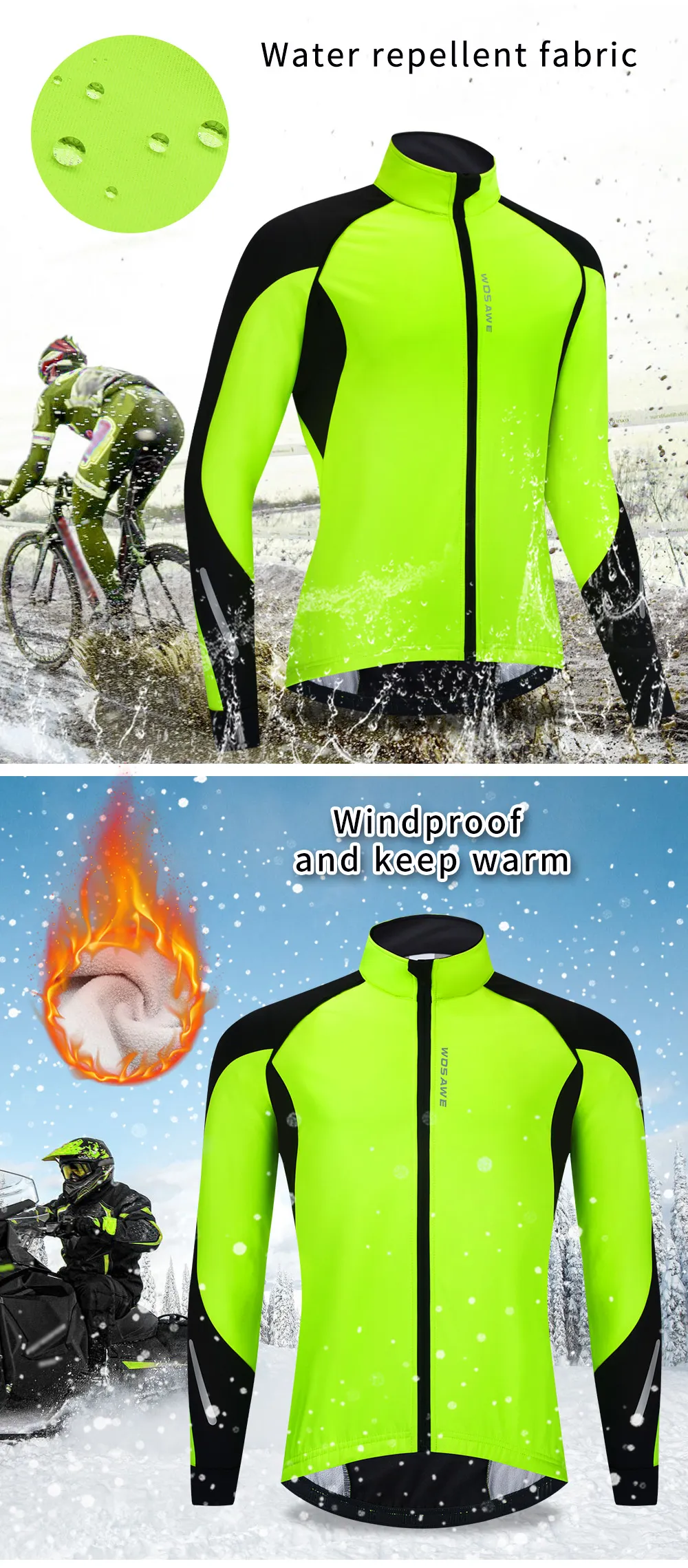 WOSAWE Thermal Fleece Cycling Jacket Warm Up Bicycle Clothing Windproof Water Repellent High Visibility Winter MTB Bike Coat