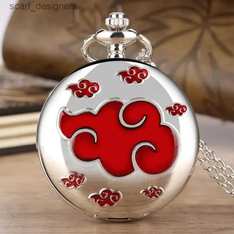 Cep Saatleri gümüşi yansıtıcı kırmızı bulut desen kolye cep erkek ve kadın vintage moda el zinciri saati hediye y240410