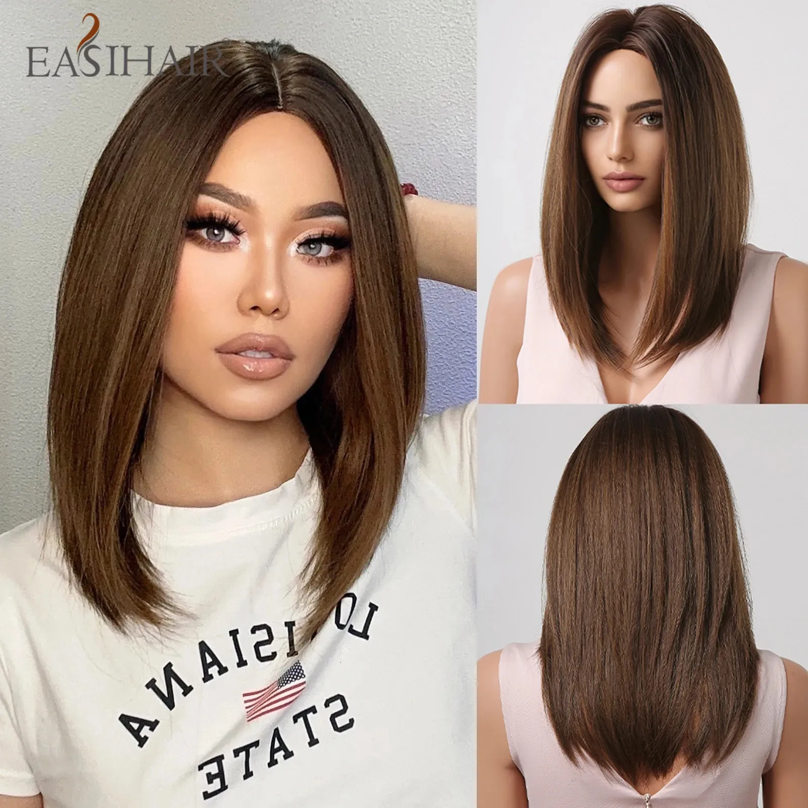 easihair القصيرة البنية البني الاصطناعية للنساء متوسط ​​طول مستقيم بوب الباروكة الأوسط اليومية الشعر الطبيعي الباروكة مقاومة للحرارة 240409