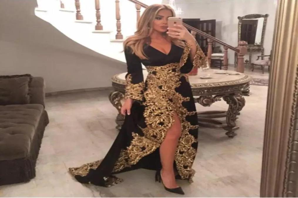 Long Sleeved VNeck Formal Evening Dress Gold Applique Split Abaya Designs Dubai Turkish Prom Evening Dresses Gowns Moroccan Kafta9528870