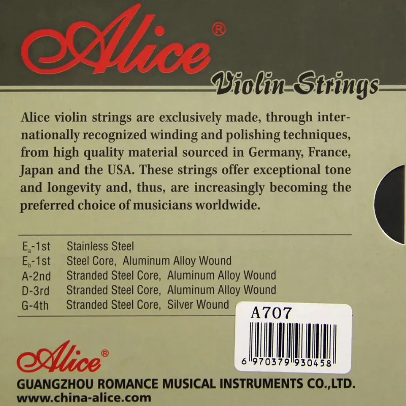 Alice Violin Strings A707 Brand Premium Violin Strings Plated Steel Flätad stålkärna Nickelpläterad kul End