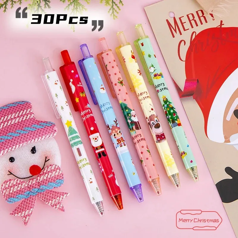 30 stcs/veel schattige kerstgel pennen cartoon Santa Claus Tree Snowmen Elk Kawaii Press Pen 0,5 mm Black School Kids briefpapier geschenken 240401