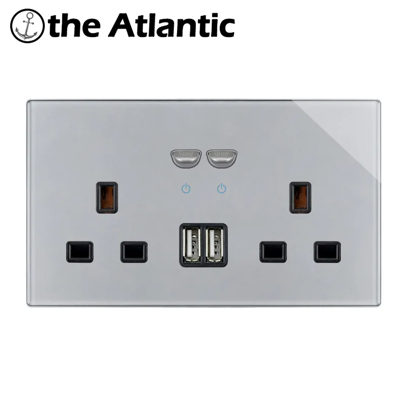 UK Plug 13A Power Socket With USB Charger Wall Outlet Double Outlet Switch Gray Grey Glass South Africa Ireland Malta Socket