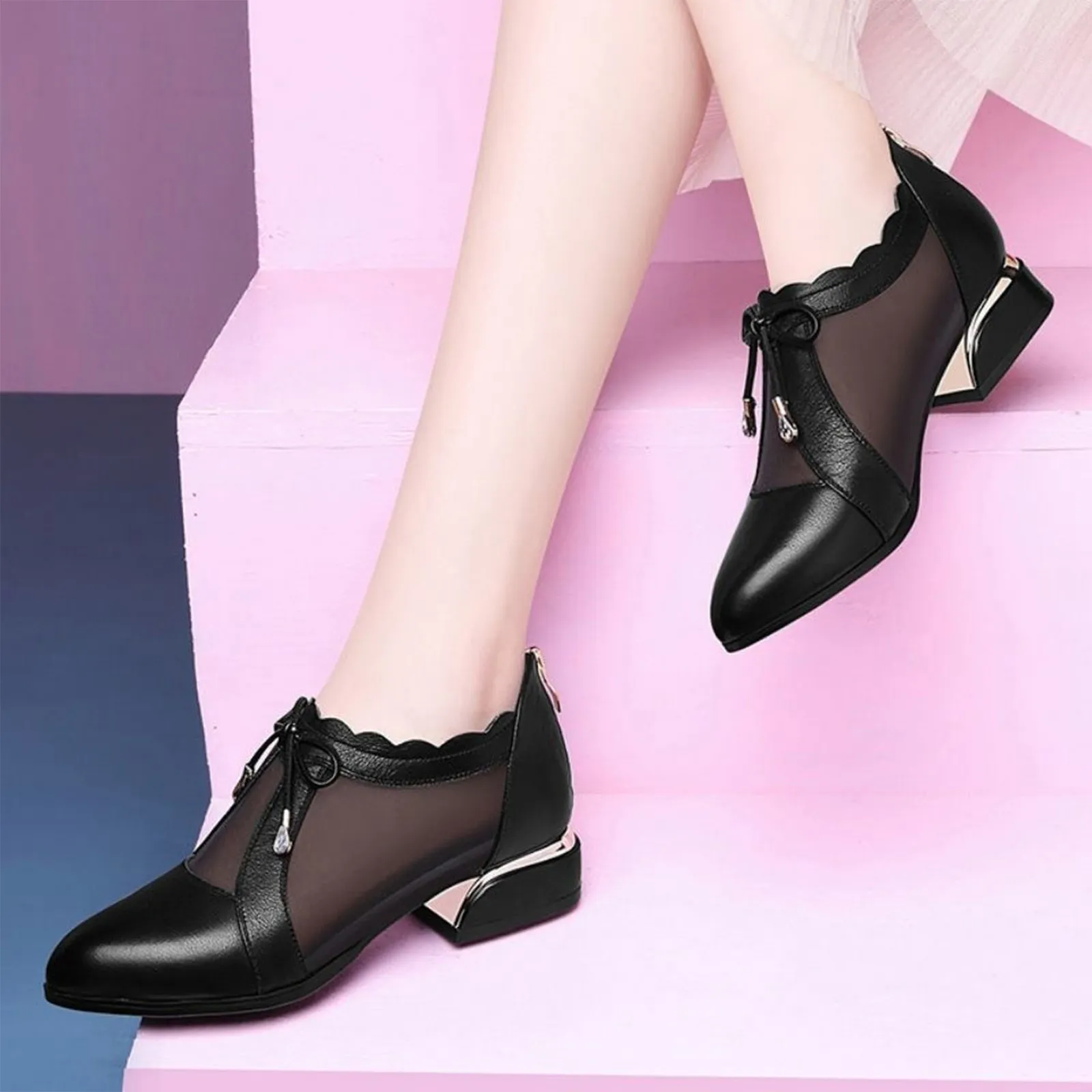 Square Boot Design Pointed Toe Mesh Square Heel Boots for Women with Slip-On Design from ...