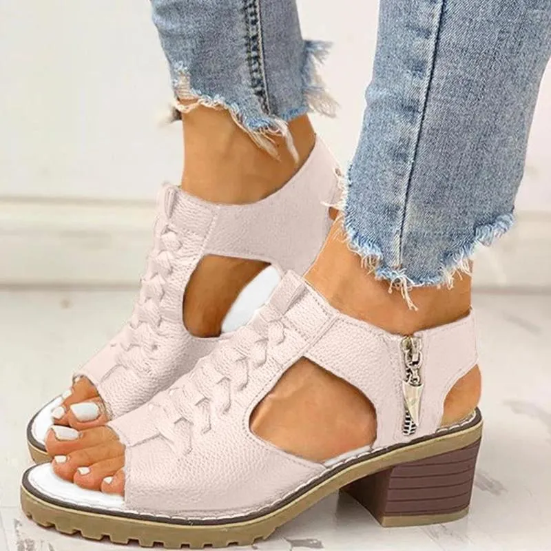 Sandalias Peep Toe Toe Chunky Summer Hollow Out Diseño para mujeres Solidado de color sólido Zapato Femenino Femenino
