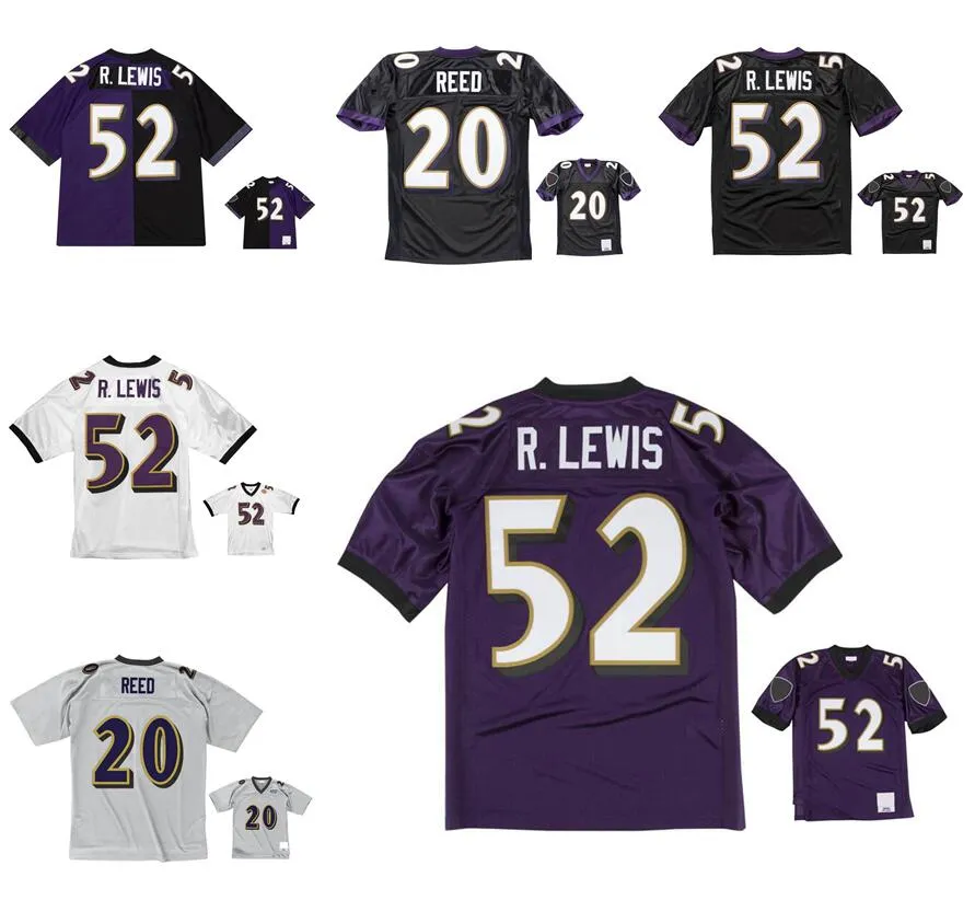 Zszyte koszulki piłkarskie 20 ED Reed 52 Ray Lewis 2004 Mesh Legacy Emerytowane retro klasyki Koszulki Kobiety Młodzież S-6xlpurple White Black