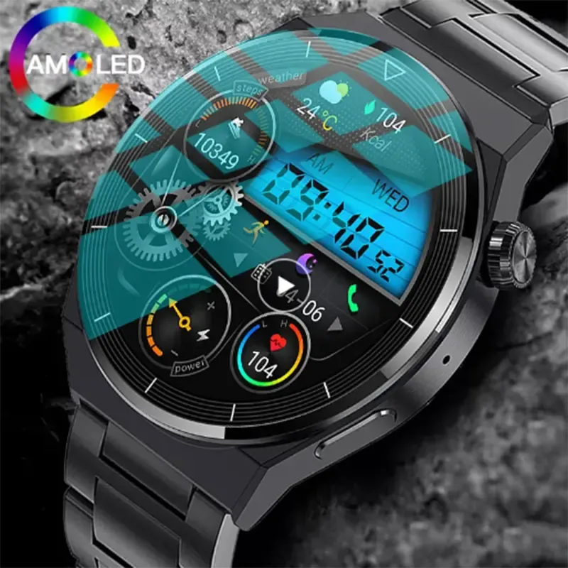 Kijkt nieuwe slimme horloge mannen vrouwen bluetooth call amoled sport fitness hartslag waterdichte waterdichte smartwatch voor xiaomi huawei pk gt3 pro