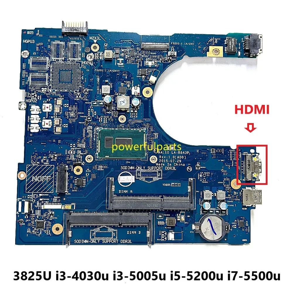 Moderkort för Dell Inspiron 3458 3558 5458 5558 5758 Laptop Motherboard 3805U 3825U i3 i5 i7 CPU 0F0FC6 027C5F 0FRV68 AAL10 LAB843P