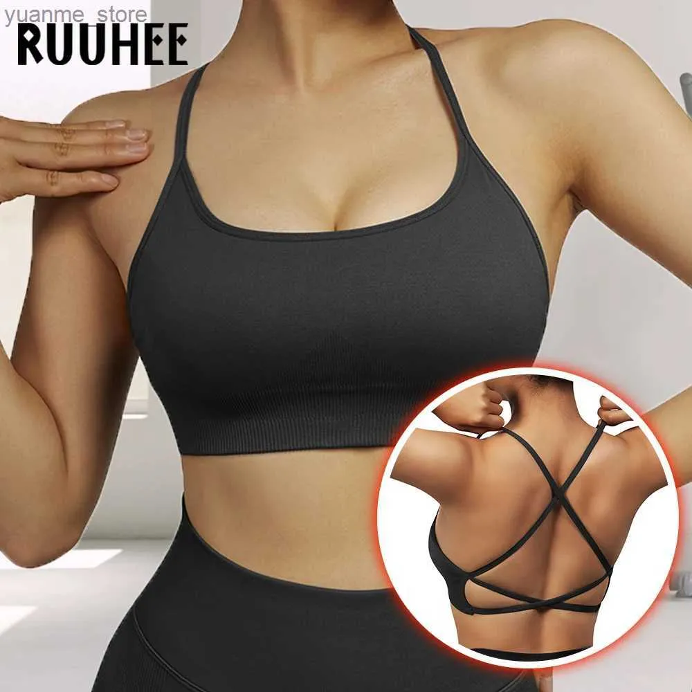 Yoga -outfits Ruuhee tanktop sport beha dames gevulde fitness spaghetti riem sport bh push up workout top voor fitness backless yoga bh y240410