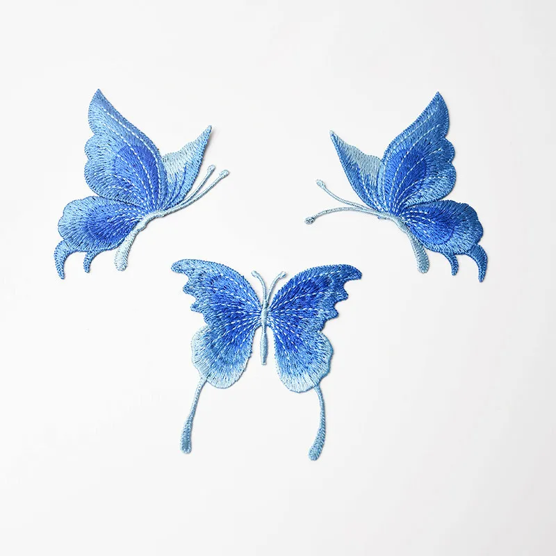 3pcs Blue Lace Broidered Butterfly Patches coudre sur des vêtements Applique Robe de danse