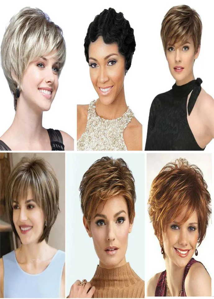 Lady Women Moda Kısa Kıvırcık Peruklar Siyah Sarışın Dalgalı Saç Pexie Boycut WIG4767022