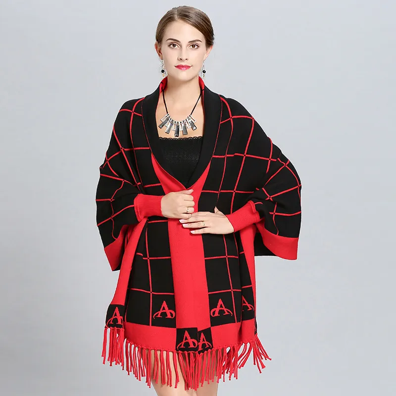 Europen Winter Autunm Wolny rozmiar podwójny kolor Kolor Plaid Knit Cloak Quali Shawl Damskie płaszcz kaszmirowy i poncho