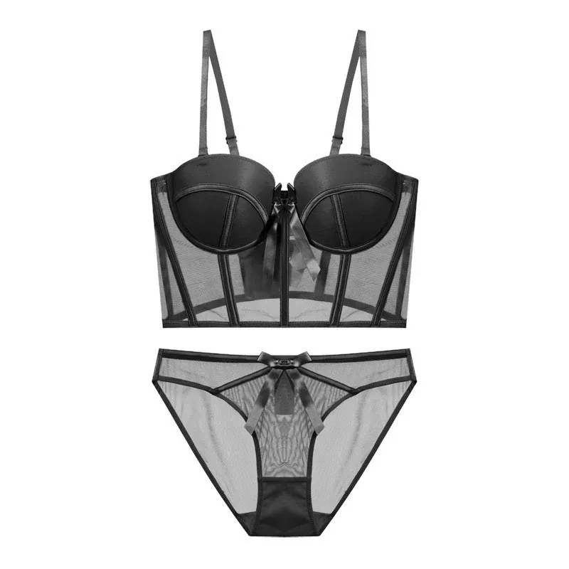 1/2 tasse mince push up up up large soutien-gorge et slips de sous-vêtements avec des sangles amovibles Mesh patchwork femmes façonner la lingerie