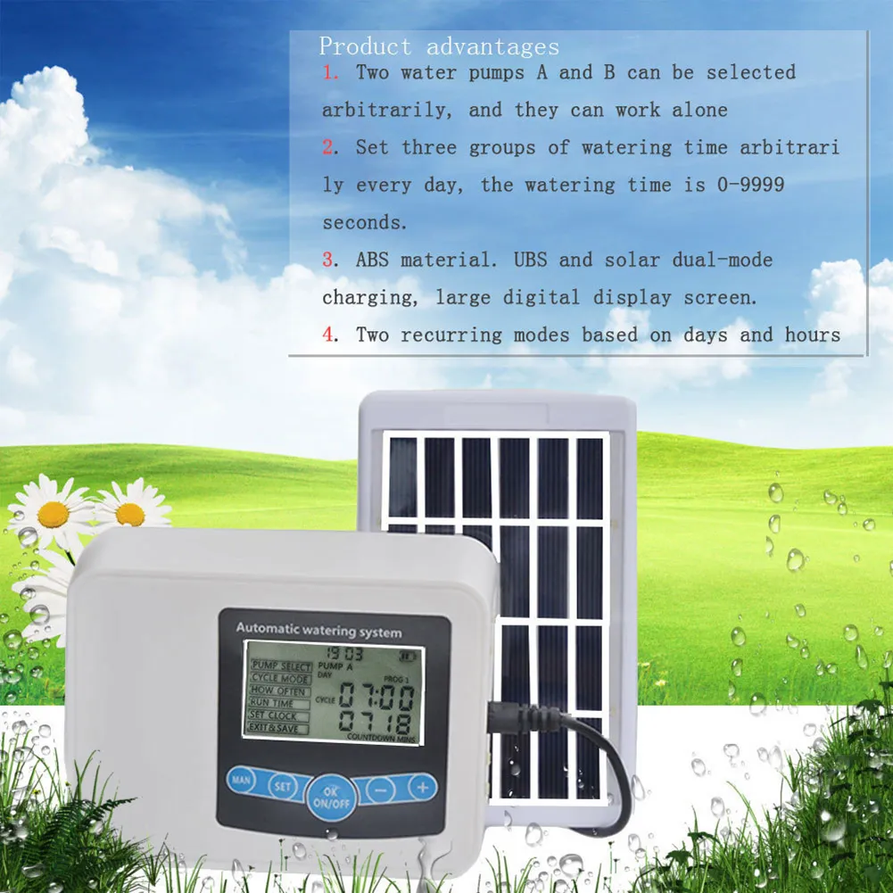 Dual-pump Smart Drip System Timer Garden Automatic Solar Energy Charging Watering Set for Potted Plant Flowers