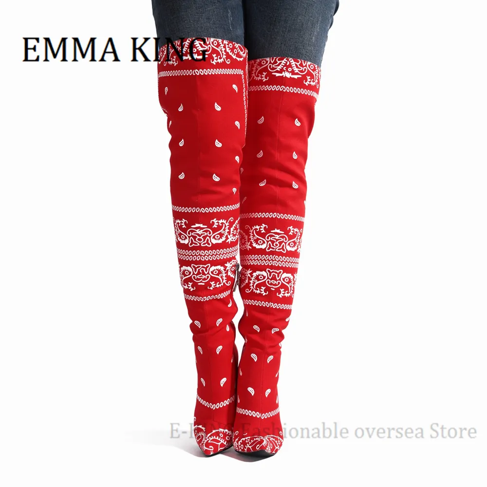 Womens Thigh High Bandana Print Red Thigh High Boots With Pointed