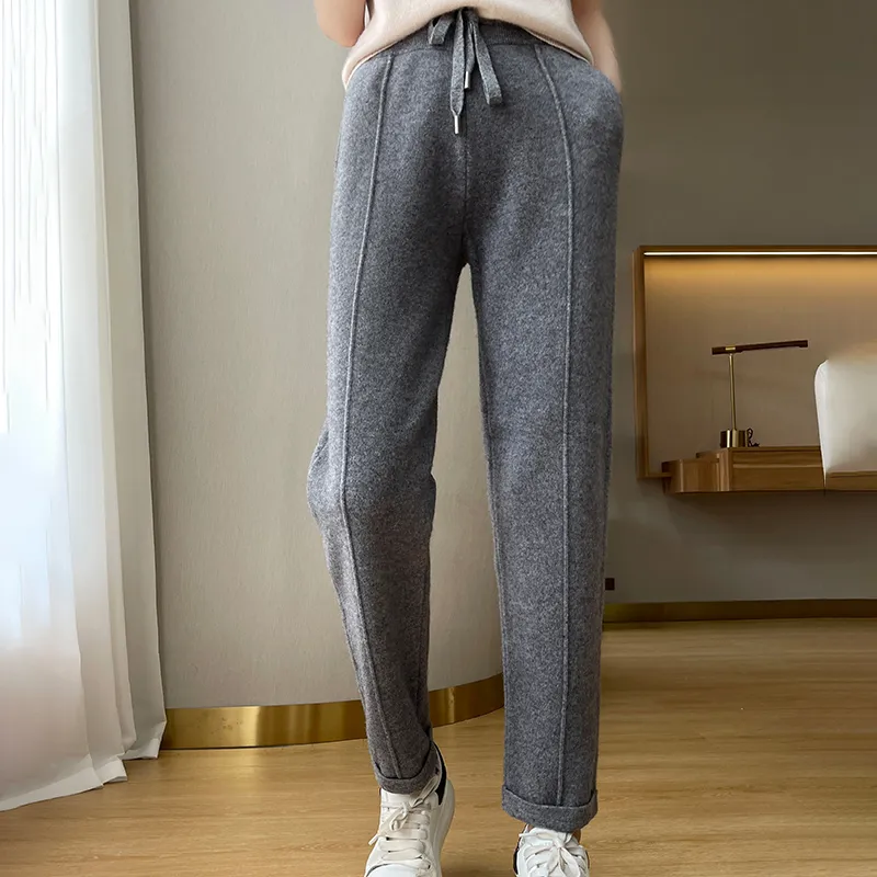 BELIARST 2022 Autumn and Winter New Women's High waist Cashmere Pants Casual Knitted Pencil Pants 100% Pure Wool Slim Trousers