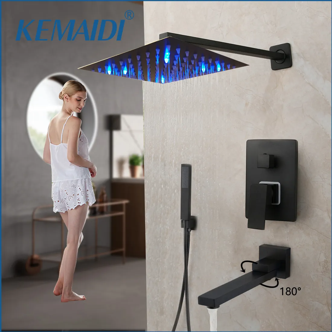 KEMAIDI Matte Black Shower Faucet Set Rain Waterfall Concealed Shower System Wall Mount Bathtub Shower Mixer LED Shower Set