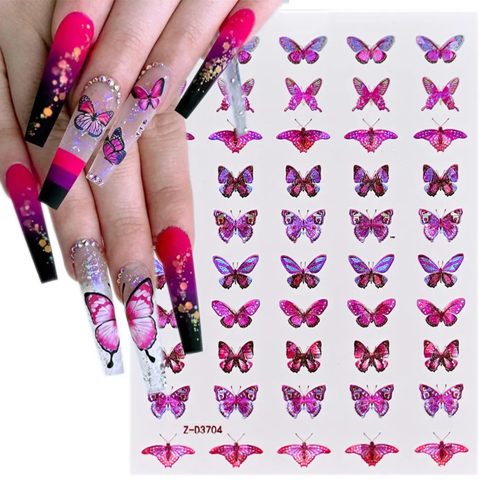 1Pcs Laser Multi-color Butterfly Nail sticker 3D holographic self-adhesive nail Decals stickers for manicure DIY Stickers slider