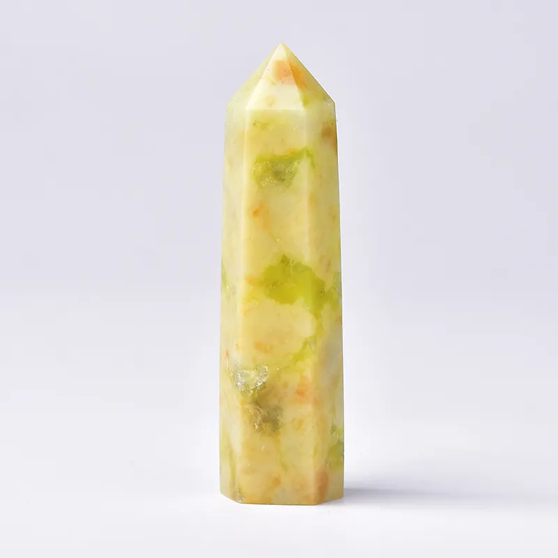 Natural Crystal Point Flower Jade Healing Obelisk Quartz Wand Ornamento amarillo para decoración del hogar Reiki Pirámide Pyro