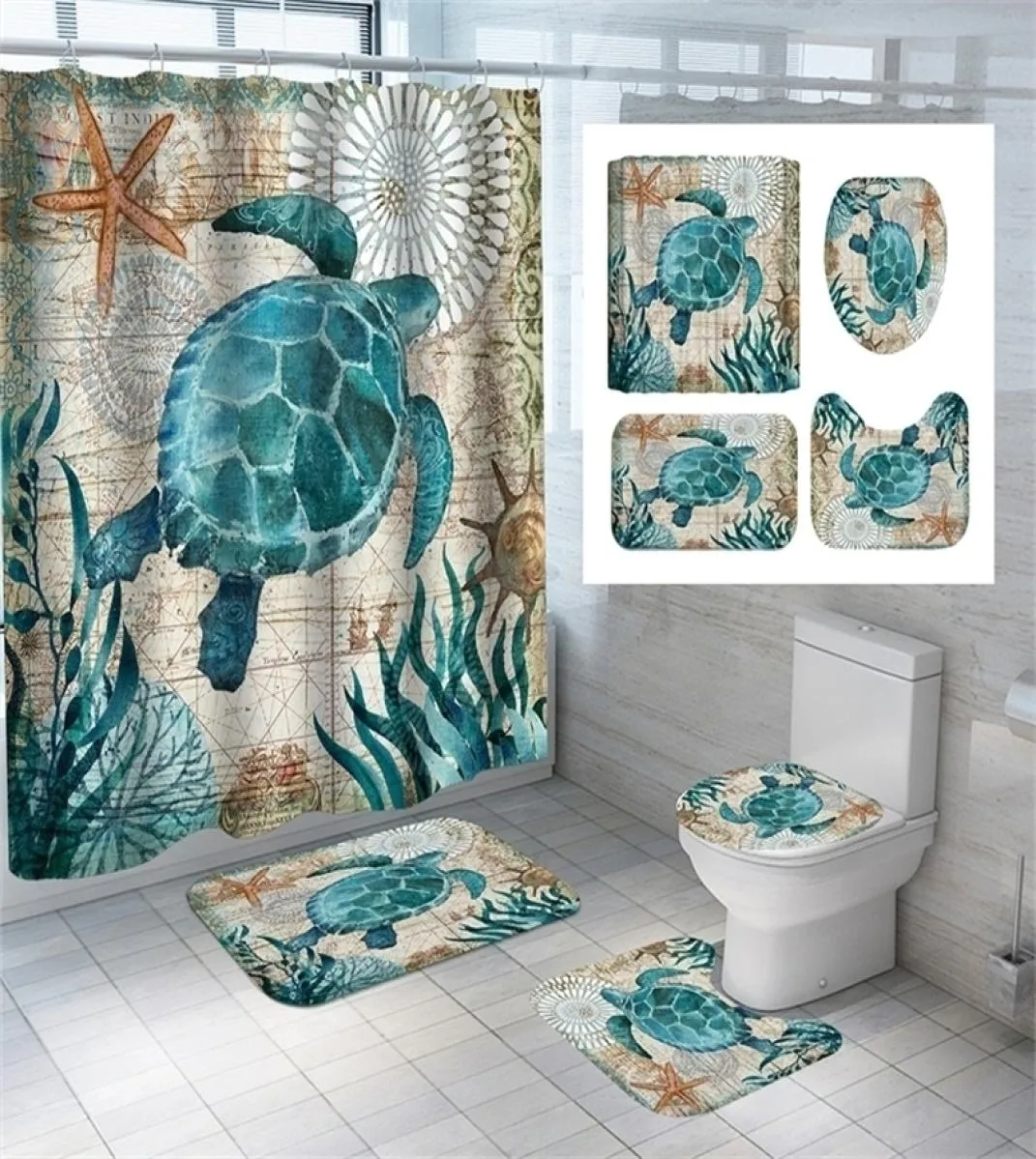 Turtle Sea Horse Dolphin Print Douche Gordijn Set badkamer badscherm antislip toilet deksel deksel tapijt tapijten home decor 2205051970158