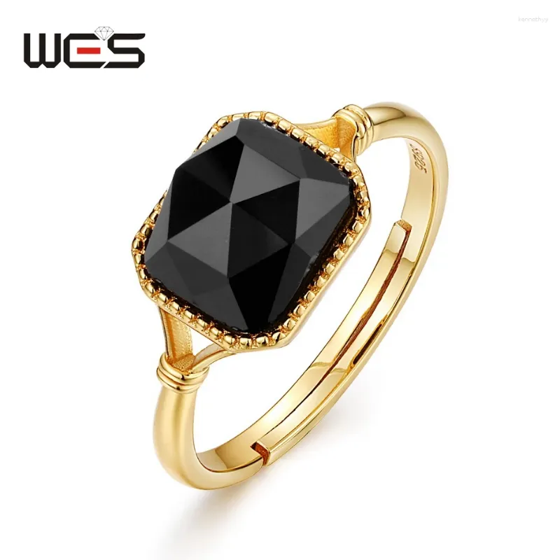 Ringos de cluster Wes Gold Plating Natural Stone 8 7mm Black Agate Ring S925 Prata para Mulheres Garda de Aniversário de Partido Fina Jóias Finas da moda