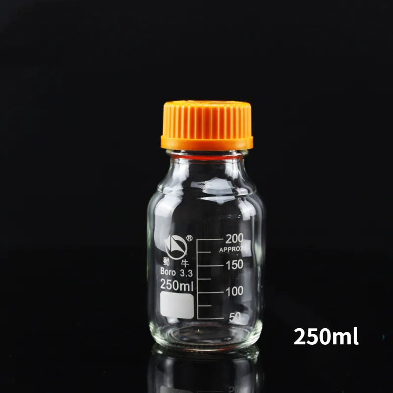 노란색 나사 캡 시약 병 100/250/500/1000ml 스케일 실험실 샘플링 병 유리 병 보로 3.3