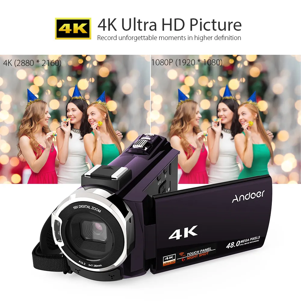 4K Video Camcorder Digital Camera: 48MP 16X Zoom, Touchscreen, Wi