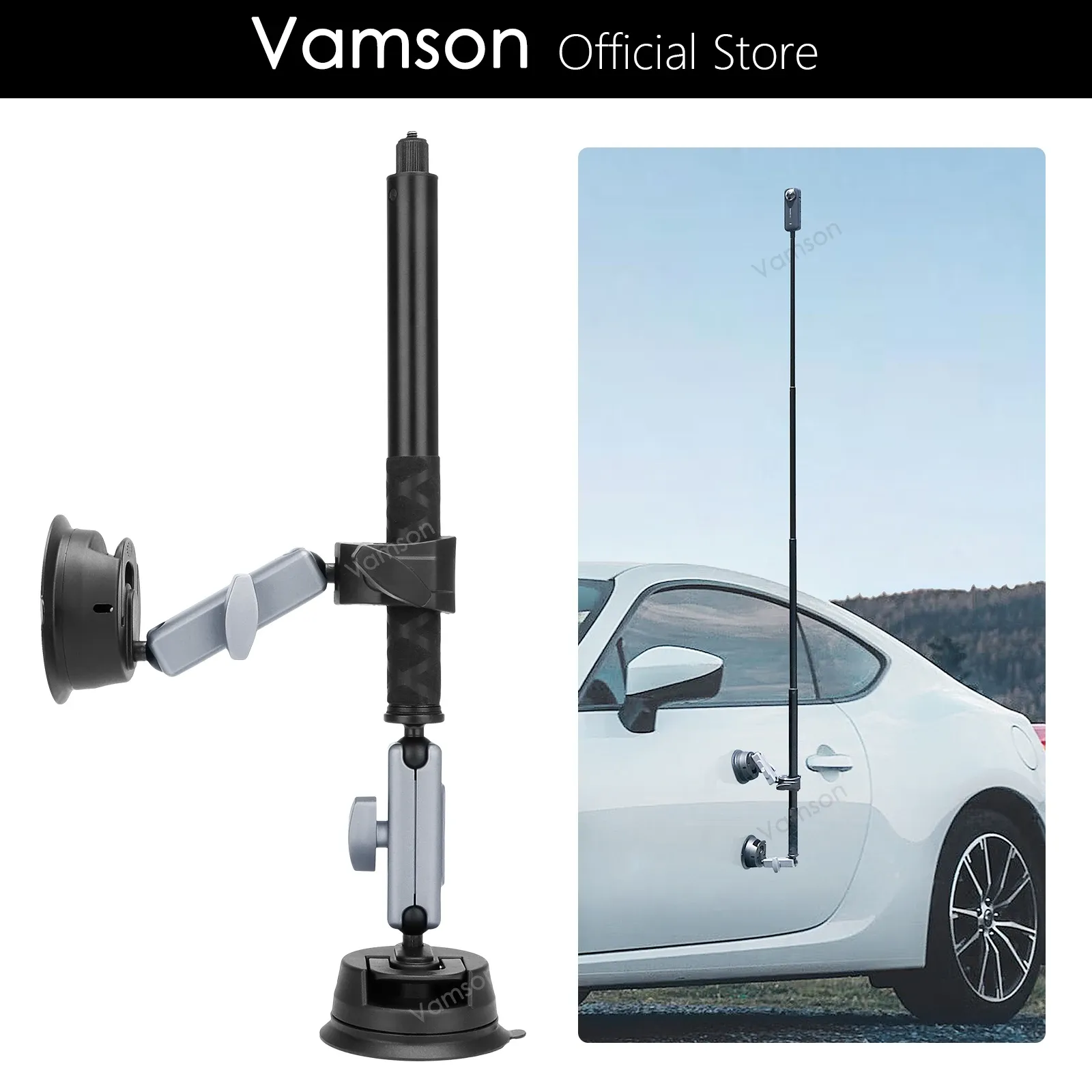 Camera's Vamson Car Suction Cup Holder met dubbele balkopadapter met onzichtbare selfie -stick voor Insta360 One R X2 GoPro Accessories