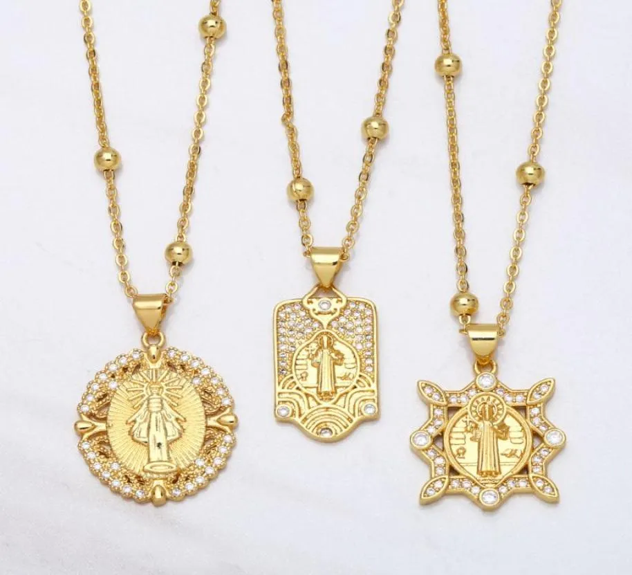 Pendant Necklaces FLOLA Bead Chain Saint Benedict Medal Necklace Copper Zircon White Stone Short Gold Plated Catholic Jewelry Nkea3301583