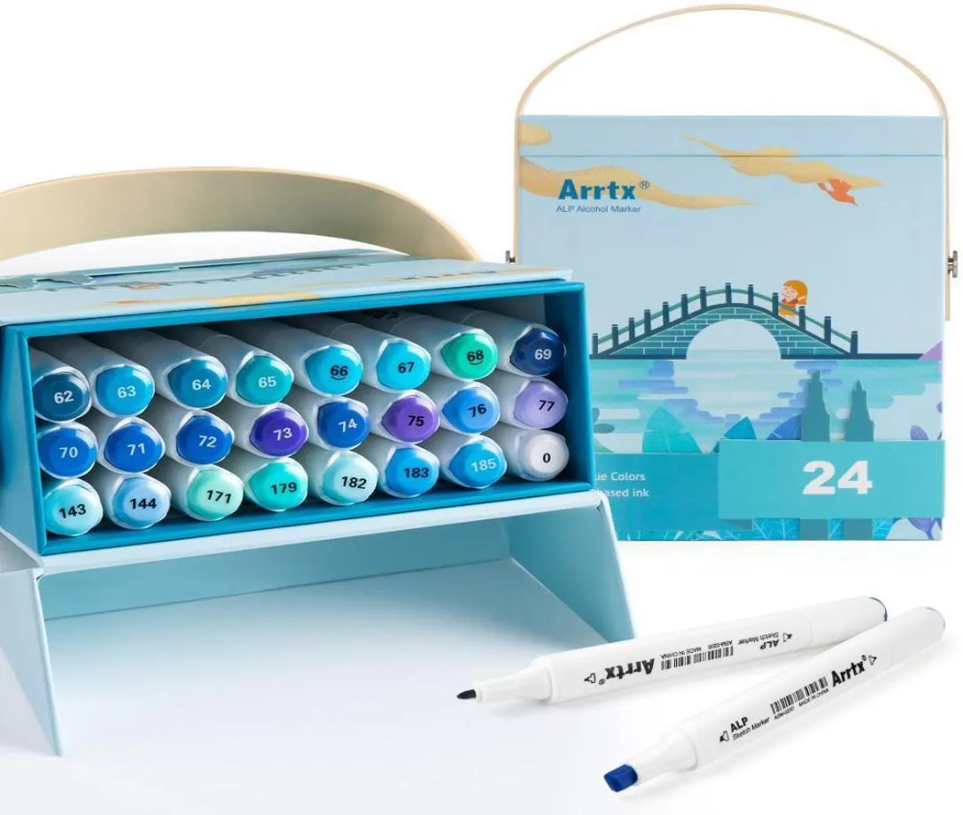 Arrtx alp Blue Tone 24 Colors Marker Alcohin Pin Double Tips Markers Perfect pour peindre Sky Sea River, etc. 2011201005254