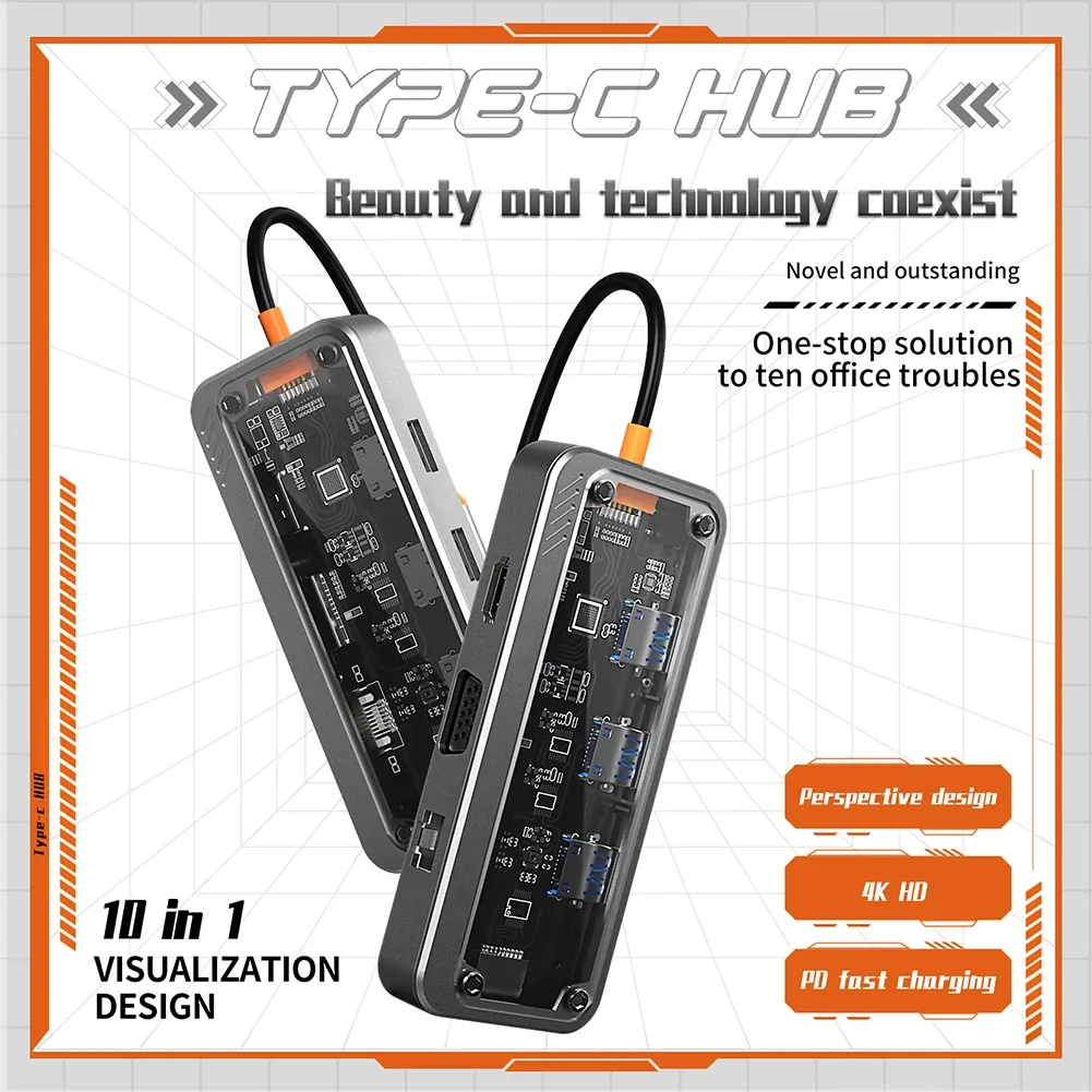 Хаб 10 в 1 USB C Hub PD 100W Тип C до 4K/30 Гц док -станции для ноутбука HDMICATIBLE PD USB RJ45 VGA PD TF/SD CARD Reader