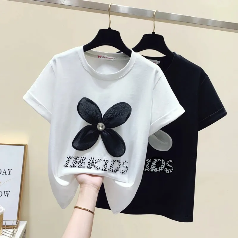 Tshirt Kvinna Summer Casual T Shirt Korean Girls Oneck Top Flower Appliques White Black Tee Roupas Femininas S3XL 240410