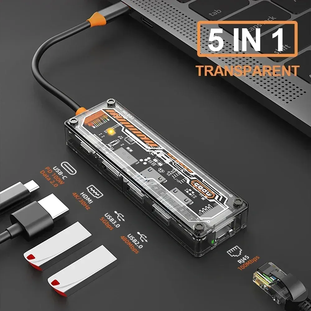 HUBS 5 en 1 HUB transparente USB C Splitter USB Tipo C HUB para MacBook Pro Air Accesorios de PC Accesorios Estación de acoplamiento USB C RJ45