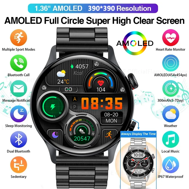 Lige NFC SmartWatch Men AMOLED 390*390 HD SCREEN SMART RISK BLUETOOTH Relógio Novo Relógios Digitais IP68 Impermeáveis para Xiaomi