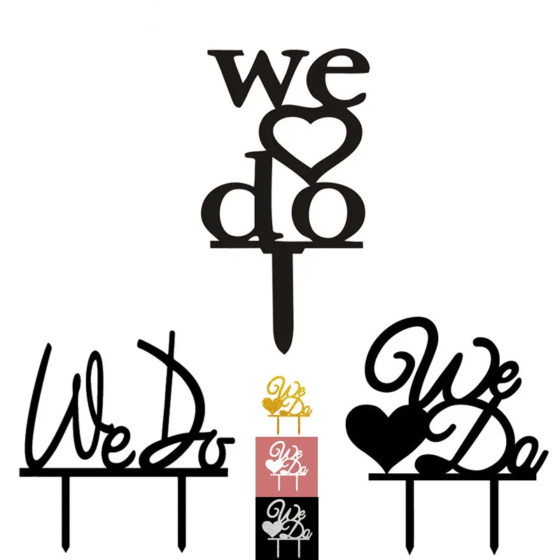 We Do Love Heart Wedding Acrylic Cake Flags Black White Gold Silver Cake Topper Wedding Engagement Party Cake Decor