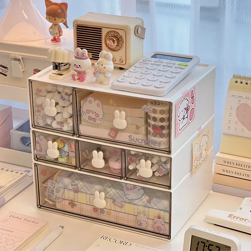 Kawaii Desk Organizer Drawer With Sticker Cute Plastic Clear Organizing Boxes Stationery Storage Box Container For Home School