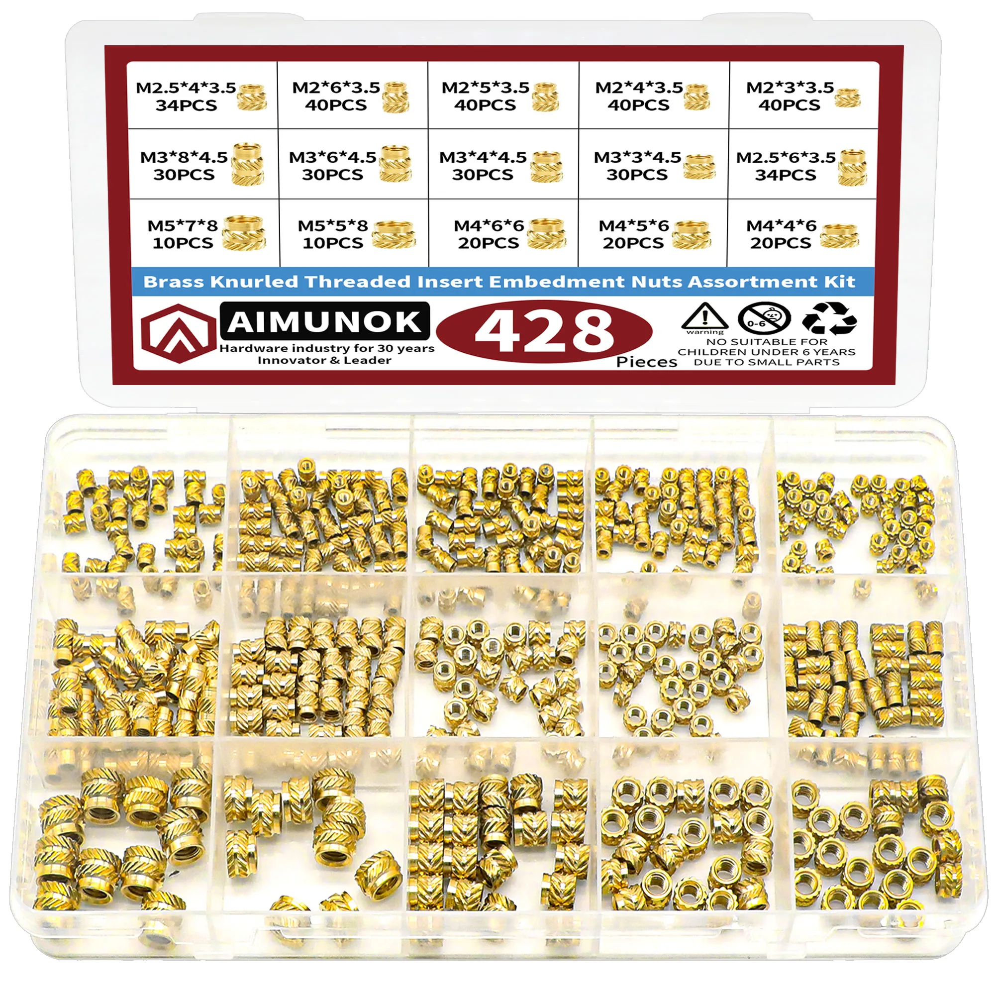 428/780pcs Kit di assortimento di insorte filettati in ottone - dadi in 5 dimensioni (M2, M2.5, M3, M4, M5) - Ideale per JO saldato idraulico